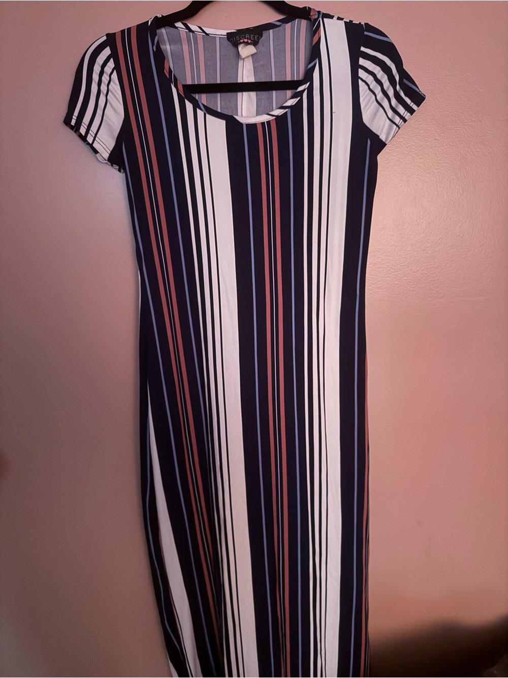Discreet Navy, White & Rust Striped Short Sleeve Maxi Dress